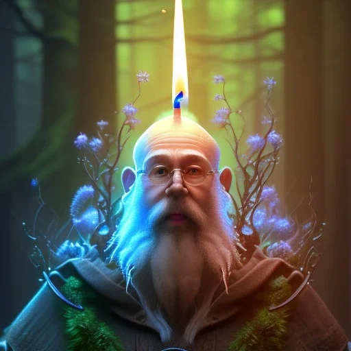 top down medium close up of blue robed water monk with long beard, frozen candle light, Dark fantasy concept art, dynamic lighting, Intricately detailed, Splash screen art, deep color, Unreal Engine, volumetric lighting, blue flowers, moss, leather, creek, flowing water, fantasy dark forest artwork,back light