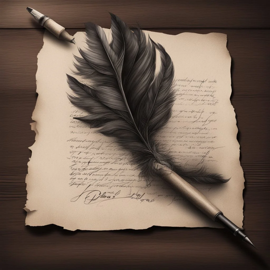 Hyper Realistic Note "Please follow & like my creations, tip any of them, can't tip you back because of me being a non pro user, Thank You so much" on a vintage paper with feather pen & ink-pot on a dark-wooden-table.