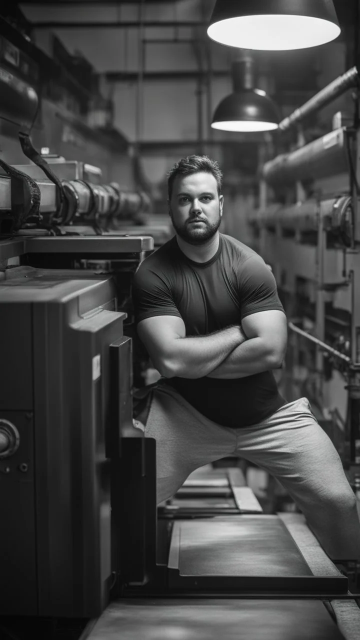 italian strong chubby 30 year old man in bulging tracksuit, short beard, shirtless, printer in an old printing house, next to a huge old printer, dim light, side light, ambient occlusion