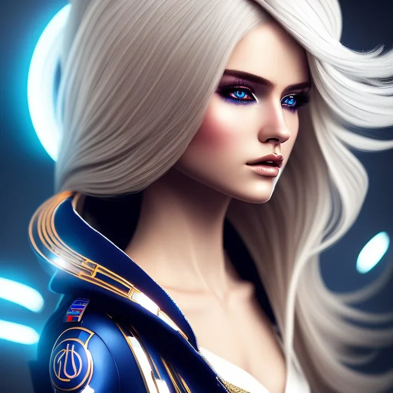 A beautiful portrait of a cute cyberpunk woman, long blond haire, high key lighting, volumetric light high details with white stripes and feathers and blue celtic paterns and scifi glass