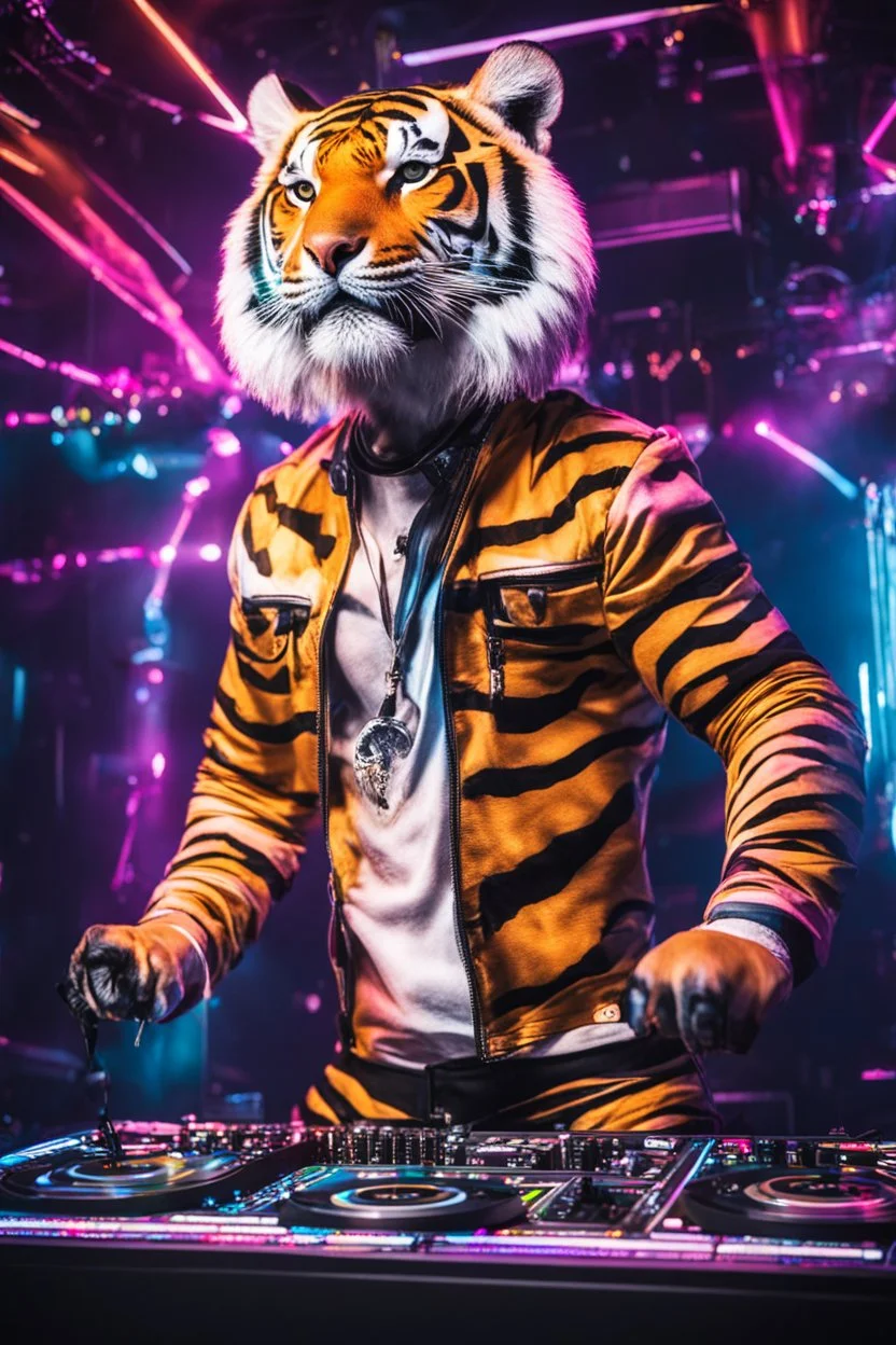 Full body Photography Humanoid Tiger as dj player smusical self expression play dj in disco club