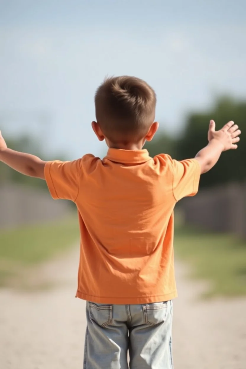 12 year old boy from behind with arms outstretched