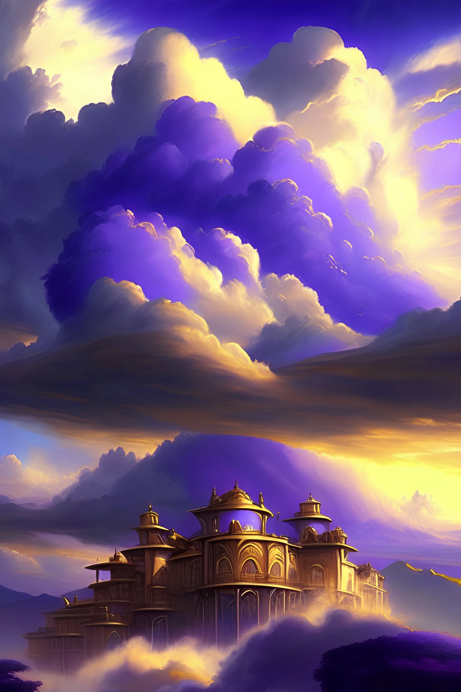 hills in the background, many mansions in the cloud and on the hills, majestic mansions, the sky is (((very cloudy))) and purple with the ((sun behind clouds)) bringing down (((golden sun rays from the clouds))) down, one big centered and derailed mansion, silver-gold-blue clouds, sharp, focused, enhanced, detailed, all houses and mansions are touched ((by golden sun ray)), digital painting, digital illustration, extreme detail, digital art, ultra hd, beautiful fantasy landscape, cosmic sky