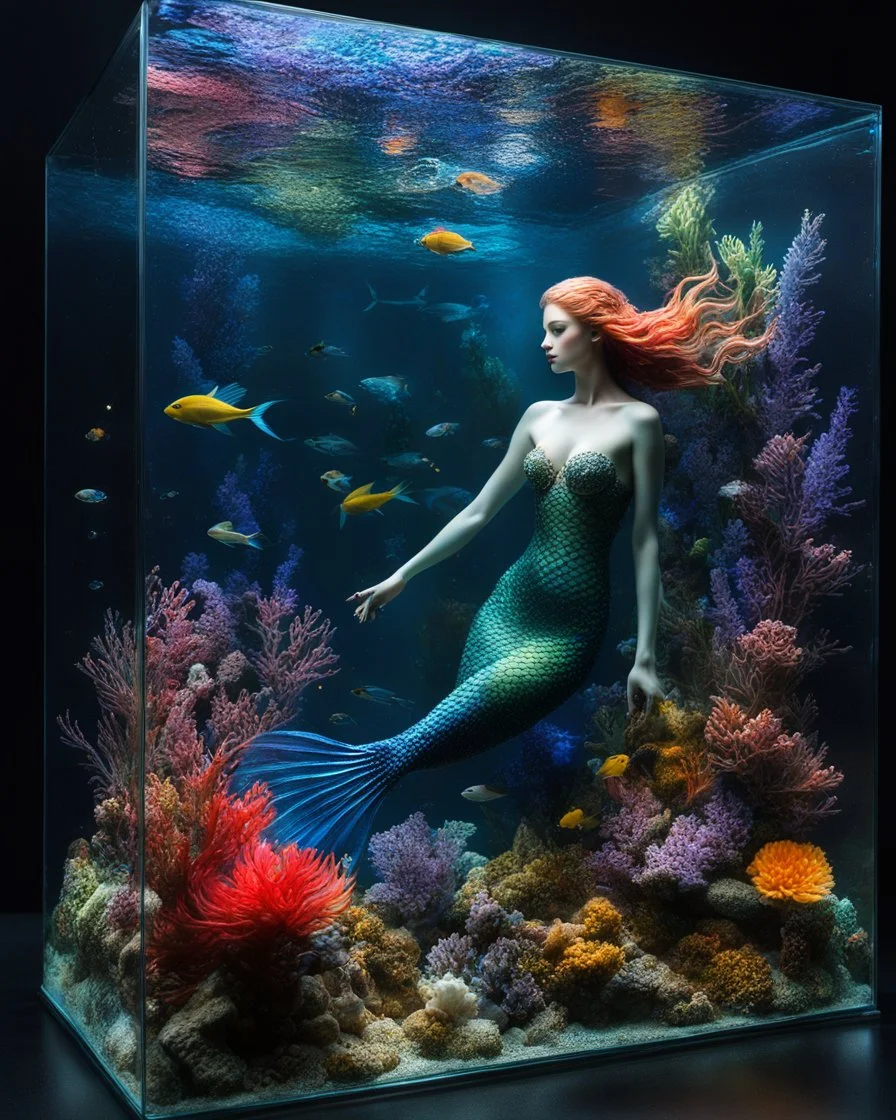 an beautiful mermaid swimming in glass box underwater aquarium on a display,glass flowers, high quality product image ,coral reef, flora and fauna, cosmic nebula, dark background christian dior style, with frozen flowers around her, stunning-design, beutifull, side profile artwork, glass paint, multicoloured, displayed, backlight