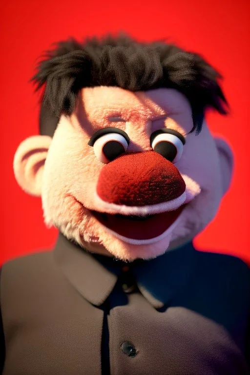 Waist up muppet Portrait, Kim Jong-un as muppet doll, black suit, photo studio, red background, unreal engine 5, concept art, art station, god lights, ray tracing, RTX, lumen lighting, ultra detail, volumetric lighting, 3d.