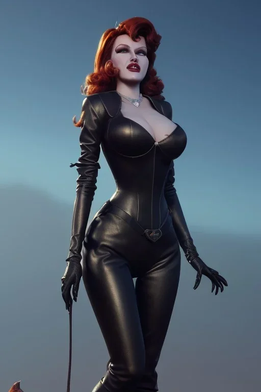 Rita Hayworth as evil queen in black leather, busty, cleavage, curvy, angry, stern look. character design by cory loftis, fenghua zhong, ryohei hase, ismail inceoglu and ruan jia. unreal engine 5, artistic lighting, highly detailed, photorealistic, fantasy