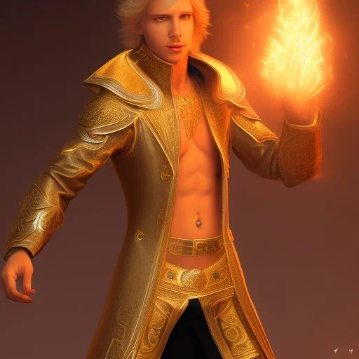 Male, Human, Blond, Sorcerer, Fire Mage, Golden Eyes, Young, Photorealism