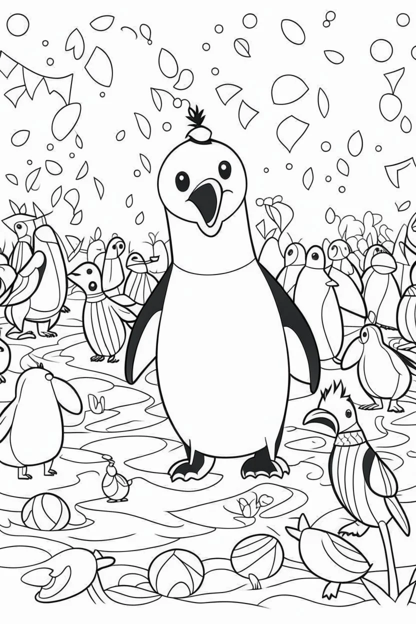 HAPPY NEW YEAR coloring page for kids, A cute penguin parade with confetti in a chilly Arctic scene, thick outline, low details, no shading, no color