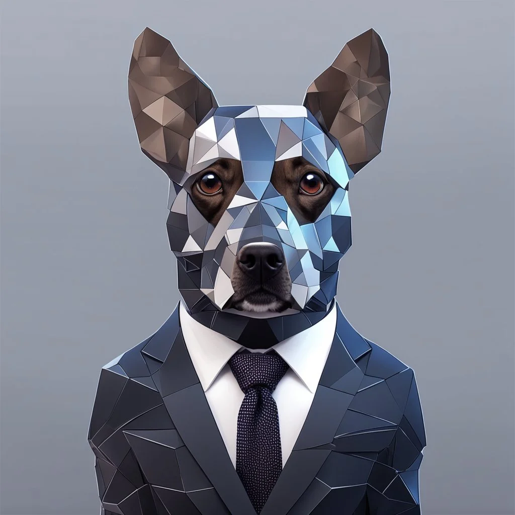 make one realistic business dog that is made of shapes and has a suit on looks a very little like crystals lowest 2048 x 1152 pixels and highest 6 MB need to be a alpha