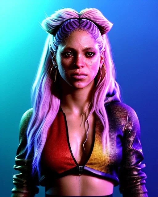 portrait, Shakira, blonde artist, angry, Realistic image, MMA robe, hoodie, mouthguard, nose, band aid, loose long hair, eyes make up, perfect, glow, circle iris. Rain, fog, Neon colors, leds. Dark background, photo studio, neon lights. concept art, smooth, unreal engine 5, god lights, ray tracing, RTX, lumen lighting, ultra detail, volumetric lighting, 3d, finely drawn, high definition, 4k.