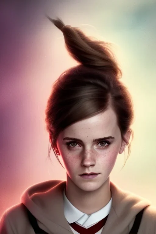 emma watson identify face, Hogwarts uniform , pintura, ,details,texture,8k quality, fog,particles fire, florest, Minimalism, Romanticism, Expressionism, Impressionism