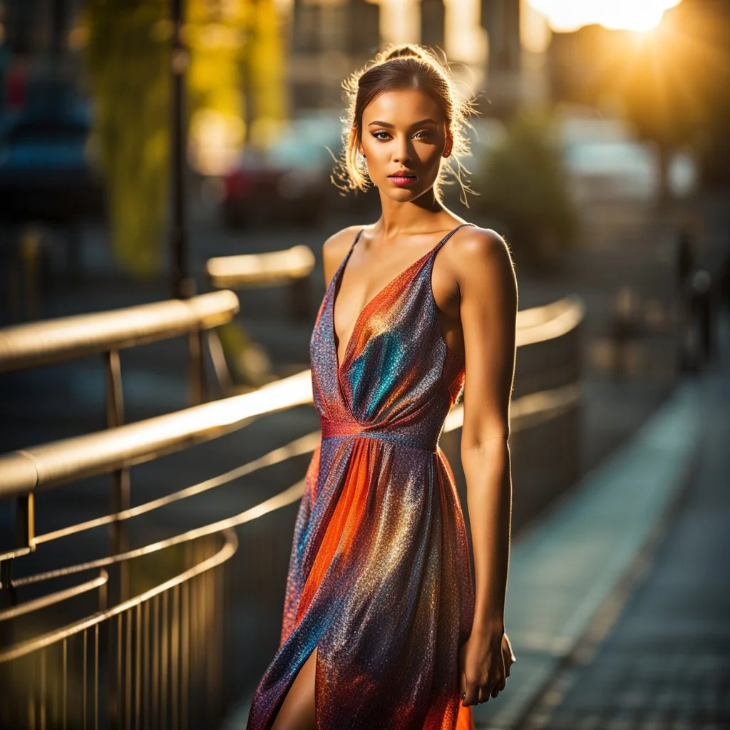 full body shot Young woman, 20 years old, wearing nice fashion dress catwalk in an urban setting, soft sunlight accentuating the vibrant hues of her attire, high contrast, shallow depth of field, candid photo, natural light, ultra realistic