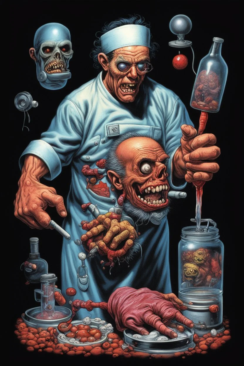 Science experiment Horror surgeon by Richard Corben, Todd Schorr, T-Shirt Design, Black Background