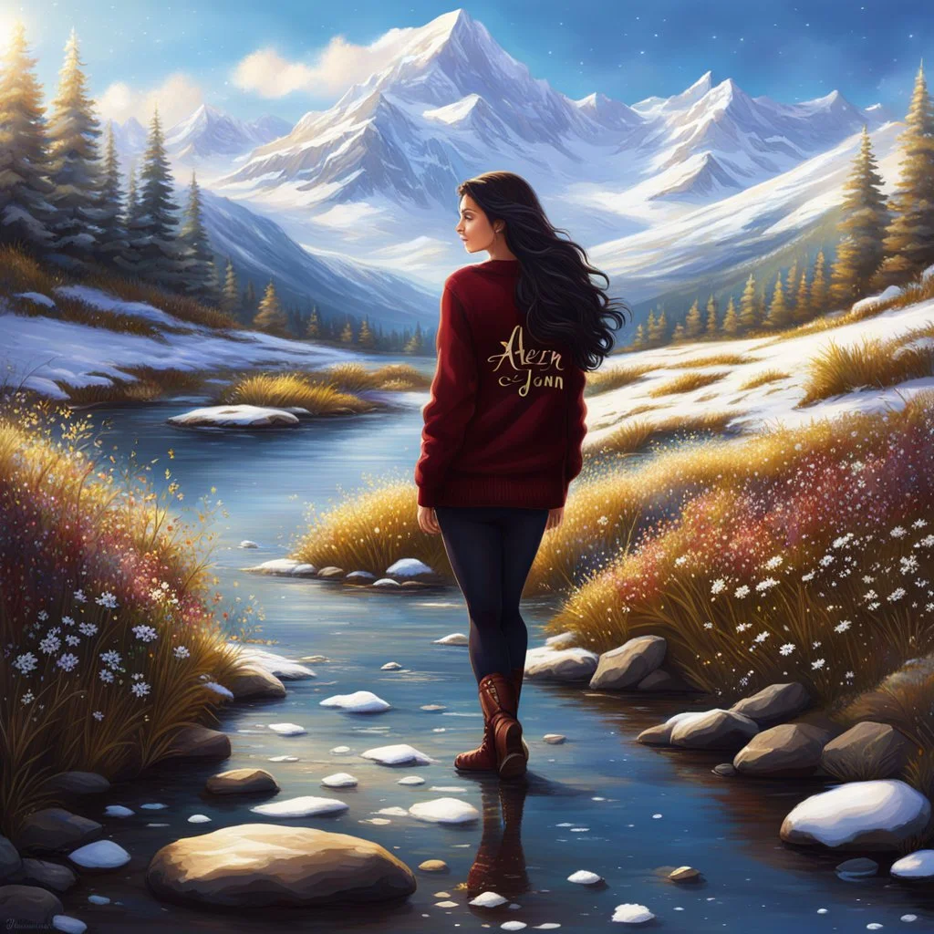 country side ,blue sky , snow on mountains, pretty clouds ,small rocky river with clear water small rocks in floor,wild flowers,beautiful Snow White, long shiny black curvy hair, wearing a burgundy sweater with the word Azerbeyjan written on it, in gold, work clothes, standing, super realistic Fairy lights, intricate detail, texture, depth, vividness, movement, namex, energy, bioluminescence, stunning, epic, ultra-detailed, 8K photography by Miki Asai Macro, close-up, extremely detailed, po