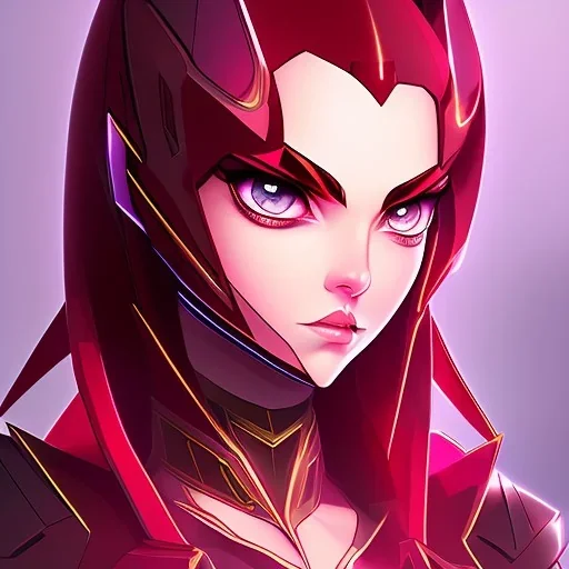 crystal blue eyes, and dark pink hair, teardrop shaped eyebrows, woman, angry expression, pointy ears