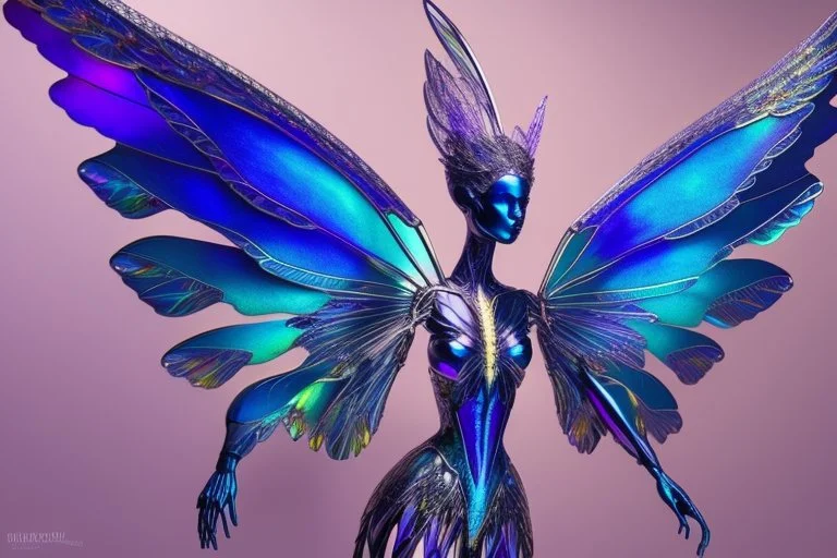 a sleek and sophisticated (((modern intricate iridescent fairy wing))), featuring highly detailed and accurate full body back views that incorporate human anatomy elements like ribcage, spine, shoulder blades, and hip bones. Colors blending blue, dark blue, purple, gold, and silver give off a softly glowing pink hue at the wing tips, highlighting the fantastical interplay of light and shadow