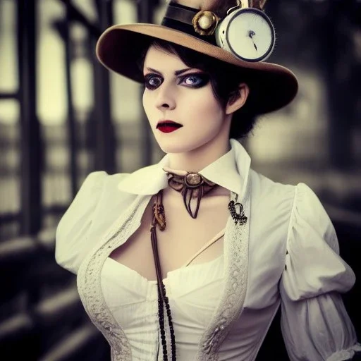 white steampunk woman sharp focus, summer ambiance