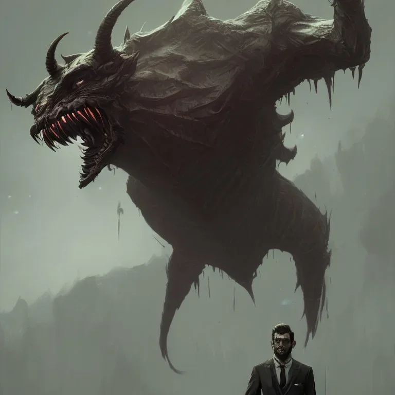 demon male in suit, powerful, dramatic, creepy, matter, majestic, flow, illustration, concept art, by Greg Rutkowski, Sung Choi, Mitchell Mohrhauser, Maciej Kuciara, Johnson Ting