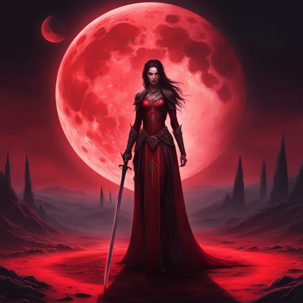 In the shadow of the Bloodmoon, the Oracle stands barefoot upon a desolate altar, her crimson form illuminated by the sky's eerie glow. Surrounding her are the swords of fallen warriors, planted in the ground as silent witnesses to the prophecy she bears. The air is thick with the scent of blood and magic, as spectral figures swirl in the background, their faces etched in anguish—souls bound to the fate she foretells. The Oracle's vision is clear: death and destruction are coming, heralded by th