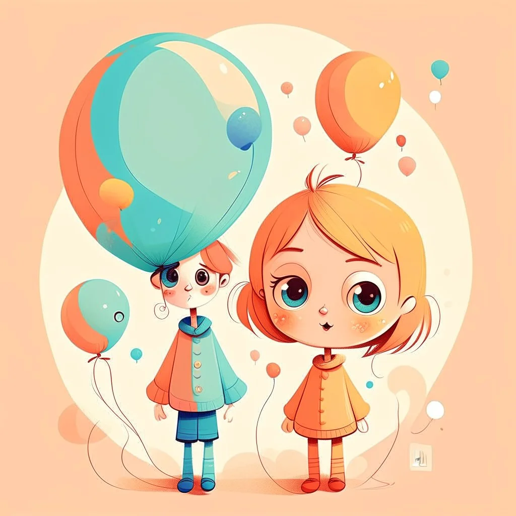 Charming stylized characters. Large heads, big expressive eyes, small, delicate features. Done in the playful and minimalist style of modern children’s book illustration. Diffused outlines, misty, dream-like quality. Colors are warm and subdued illustrating a cheerful demeanor. With a touch of quirkiness. Show me a cute young kid with a balloon in the shape of a big fractal-decoration-covered fish standing on s little planet floating in a sky painted with stars, suns and planets like ones one wo