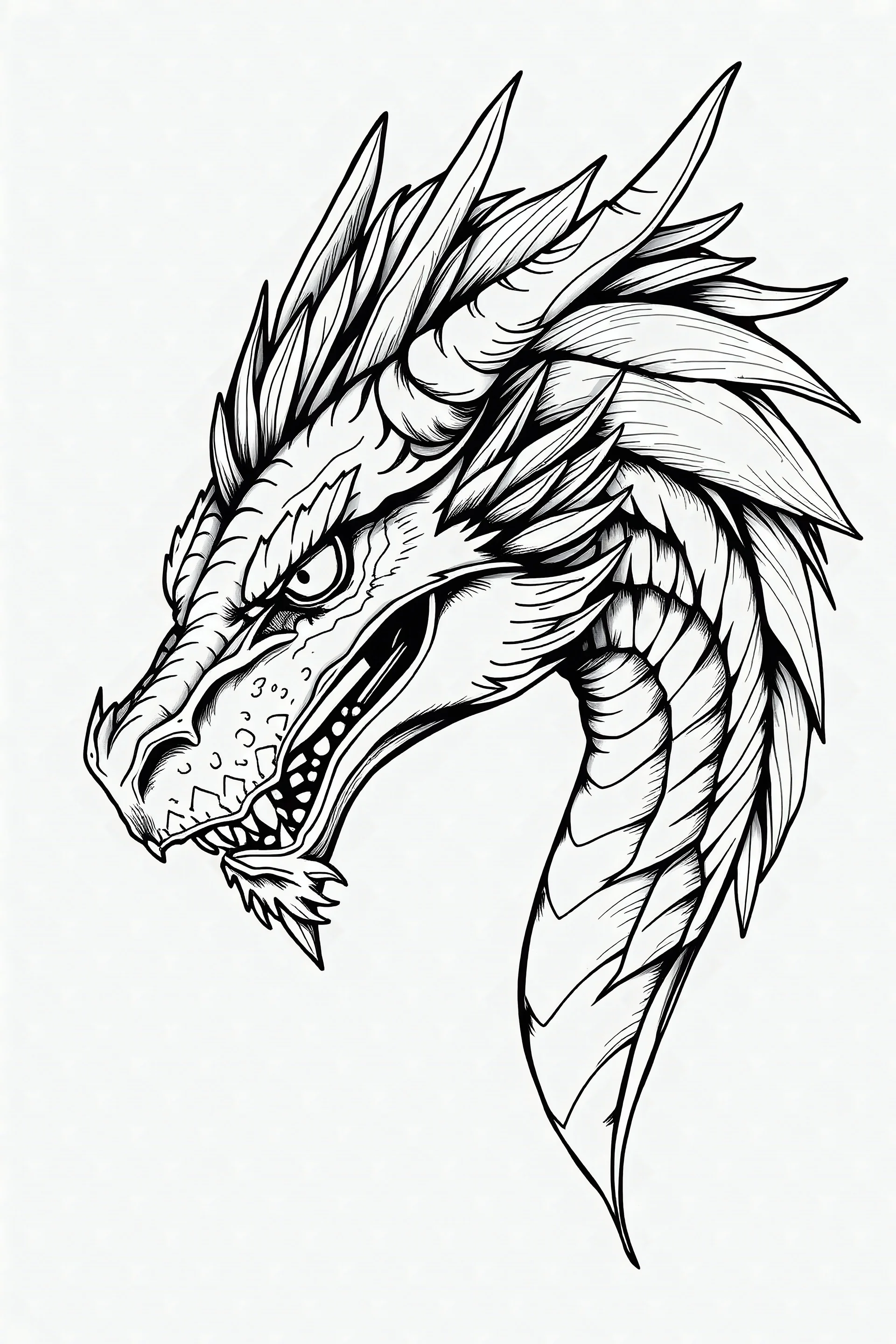 dragon head with mane of fur line art side view realistic bearing teeth