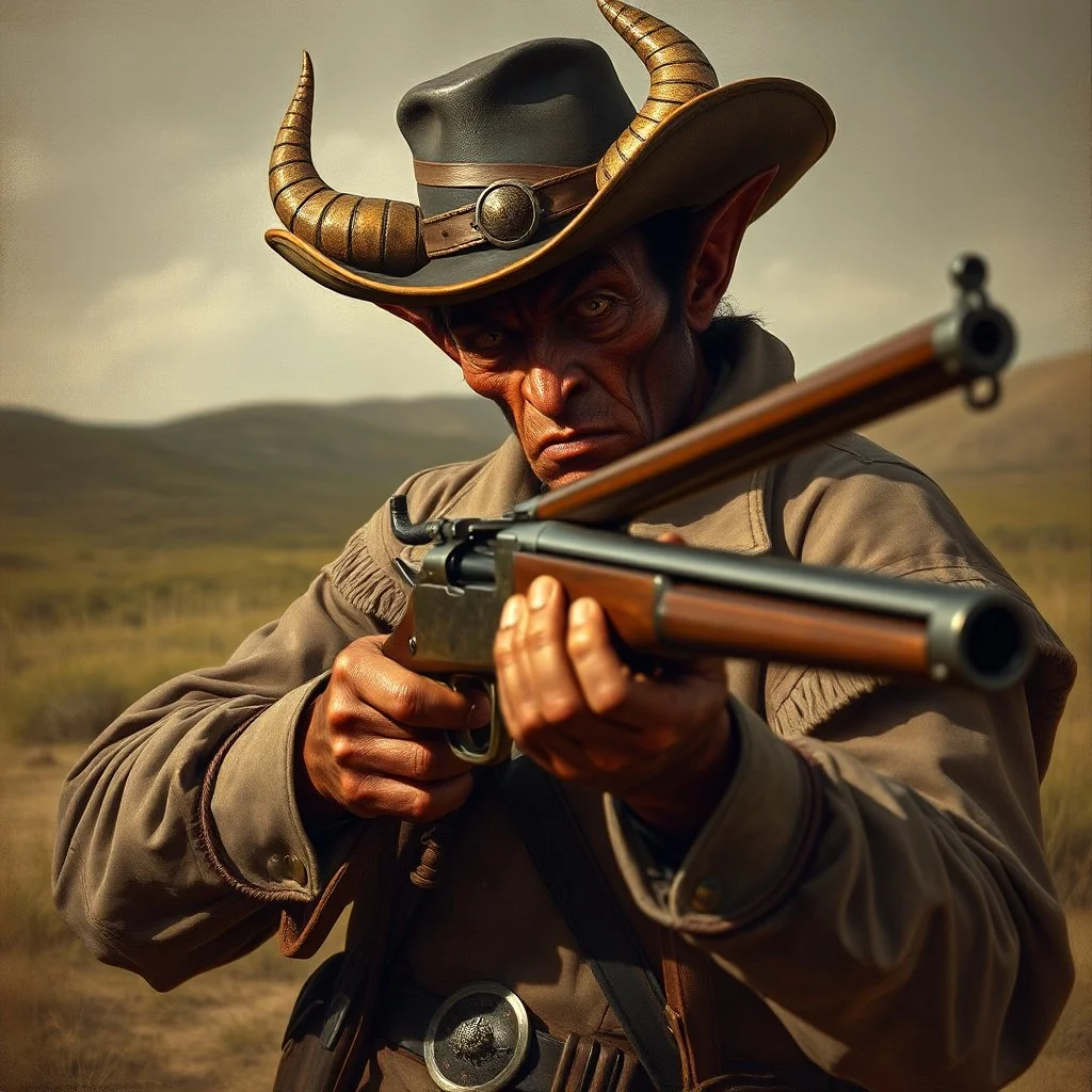 Western devil with a scoped old timey rifle fantasy art