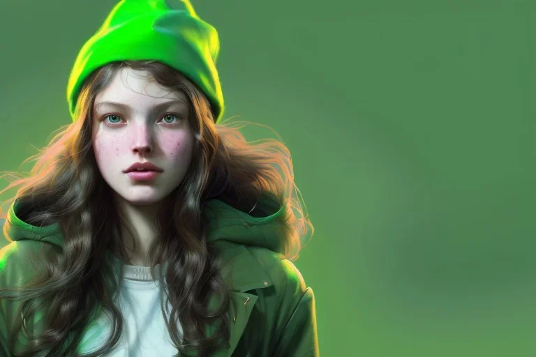 girl, cute, beautiful, long hair, wavy hair, red hair, green eyes, green beanie, green coat, black tee shirt, head and shoulders portrait, 8k resolution concept art portrait by Greg Rutkowski, Artgerm, WLOP, Alphonse Mucha dynamic lighting hyperdetailed intricately detailed, algerian flag