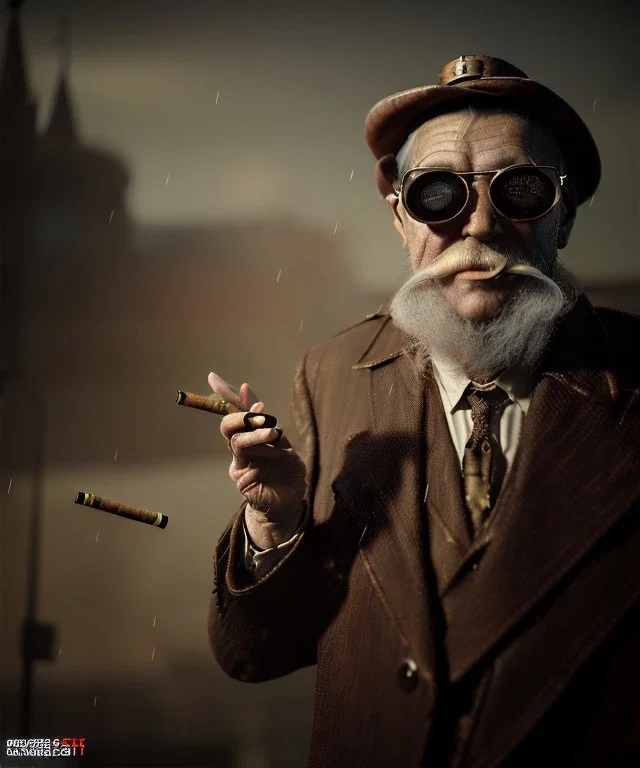 Surreal, steampunk, cabaret scene. Russian old man. Sunglasses, rain, smoking, happy, hot, people background, highly detailed, concept art, unreal engine 5, god rays, ray tracing, RTX, lumen lighting, ultra detail, volumetric lighting, 3d, finely drawn, high definition, high resolution.