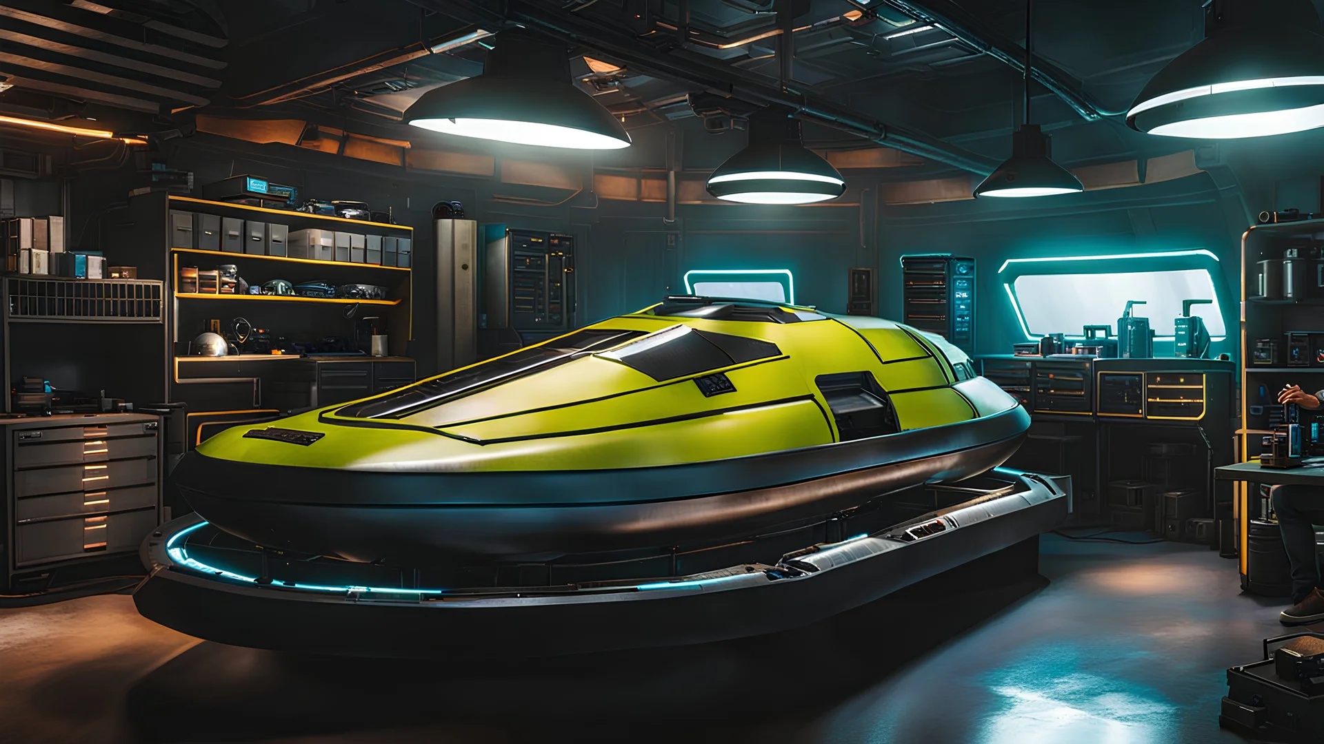 cyberpunk hovercraft repair room