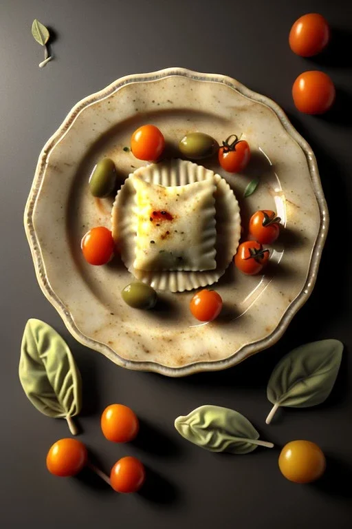 Ravioli, Italian Renaissance style still life consisting of a plate of Italian ravioli with natural cherry tomato and basil accompanied by olives, moisture ambient, natural ornaments, ceramic, marble, high kitchen, smooth, god rays, unreal engine 5, ray tracing, RTX, lumen lighting, ultra detail, volumetric lighting, 3d.