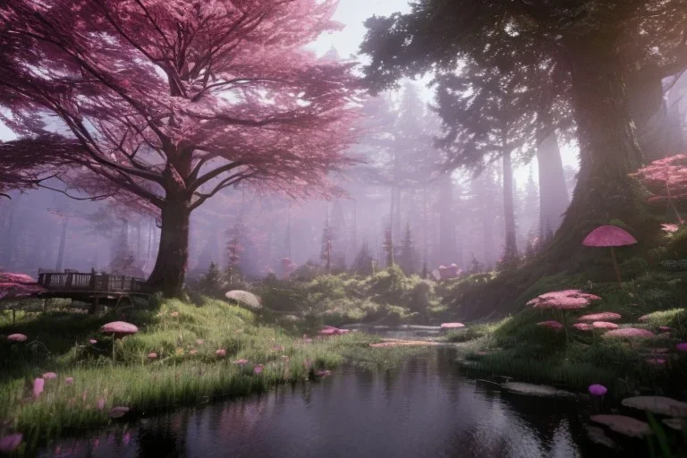 Fantasy dreamworks forêt maison dans les grands arbres avec champignons roses et une rivière bordée de grandes fleurs roses, lumiere volumetrique, unity engine, HQ