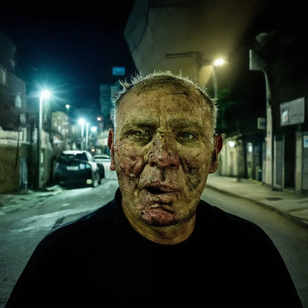 very grainy discolored photo, portrait, dark night street, grunge, 2000s Russia, punk, outcast, rough, confident, older male, extremely pale skin, flesh bulbs grow out of his face, face is disproportionally deformed, hunchback, sewer dweller