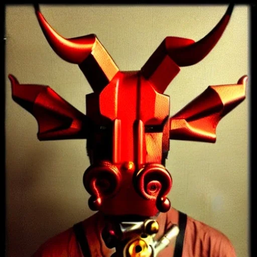 man, red rhino head, one man band, steampunk, midjourney style, neon