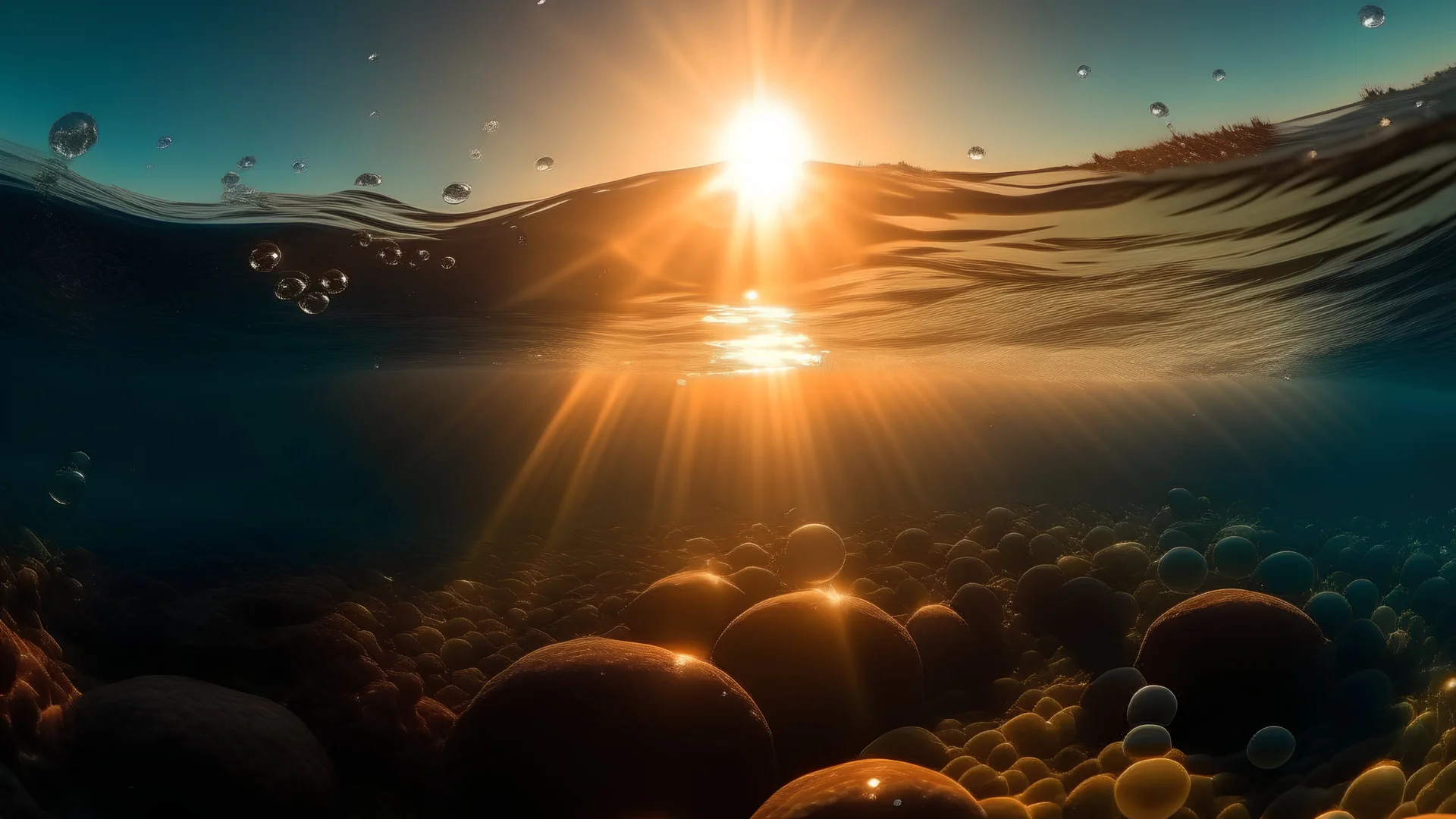 serenity view from underwater during the sunrise with somes bubbles