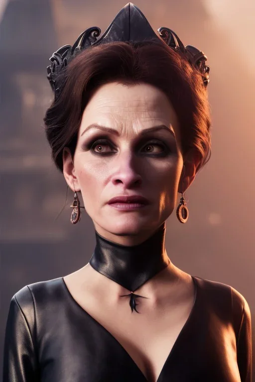 Julia Roberts as evil queen in black leather gown, evil, busty, cleavage, curvy, angry, stern look. character design by cory loftis, fenghua zhong, ryohei hase, ismail inceoglu and ruan jia. unreal engine 5, artistic lighting, highly detailed, photorealistic, fantasy