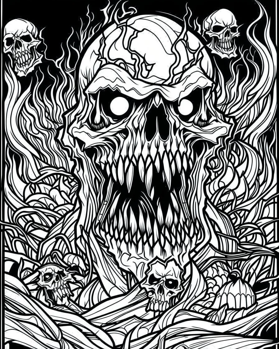 create a 2d black outline, "scary psycho monster death killer deformation on face and psycho smile and corrupted thorn coloring book for adults", coloring page, low details design, black contour, coloring page design, coloring page for adults,horror background, black contour and white space beetween contour, same contour,sketch style, horror style, creepy style, minimalist, halloween background,simple