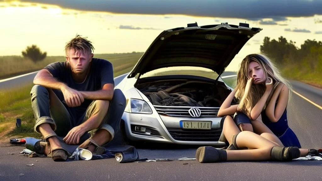 man and crying lady sit inside broken down jetta on side of the road