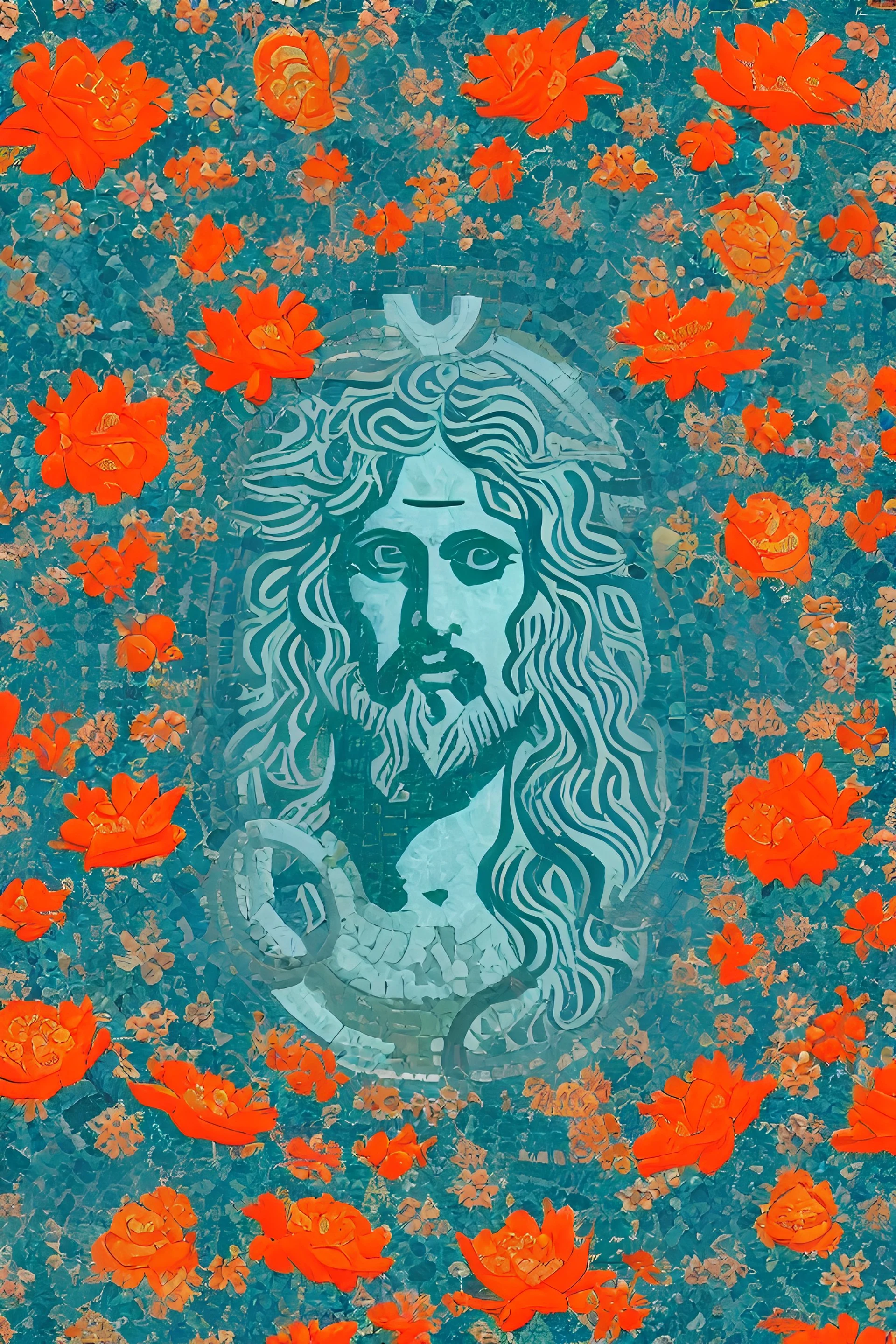 Three-color teal orange and white Greco-Roman mosaic of the god poseidon surrounded by flowers, full, ancient Greece, magnificent, majestic, gigantic, ultra realistic, ultra detailed, ultra intricate, 16k, octane effect