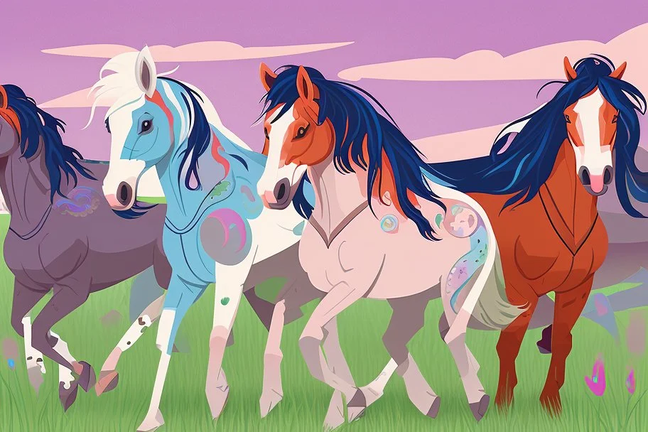 illustration fantasy horses of different colors in a field from afar