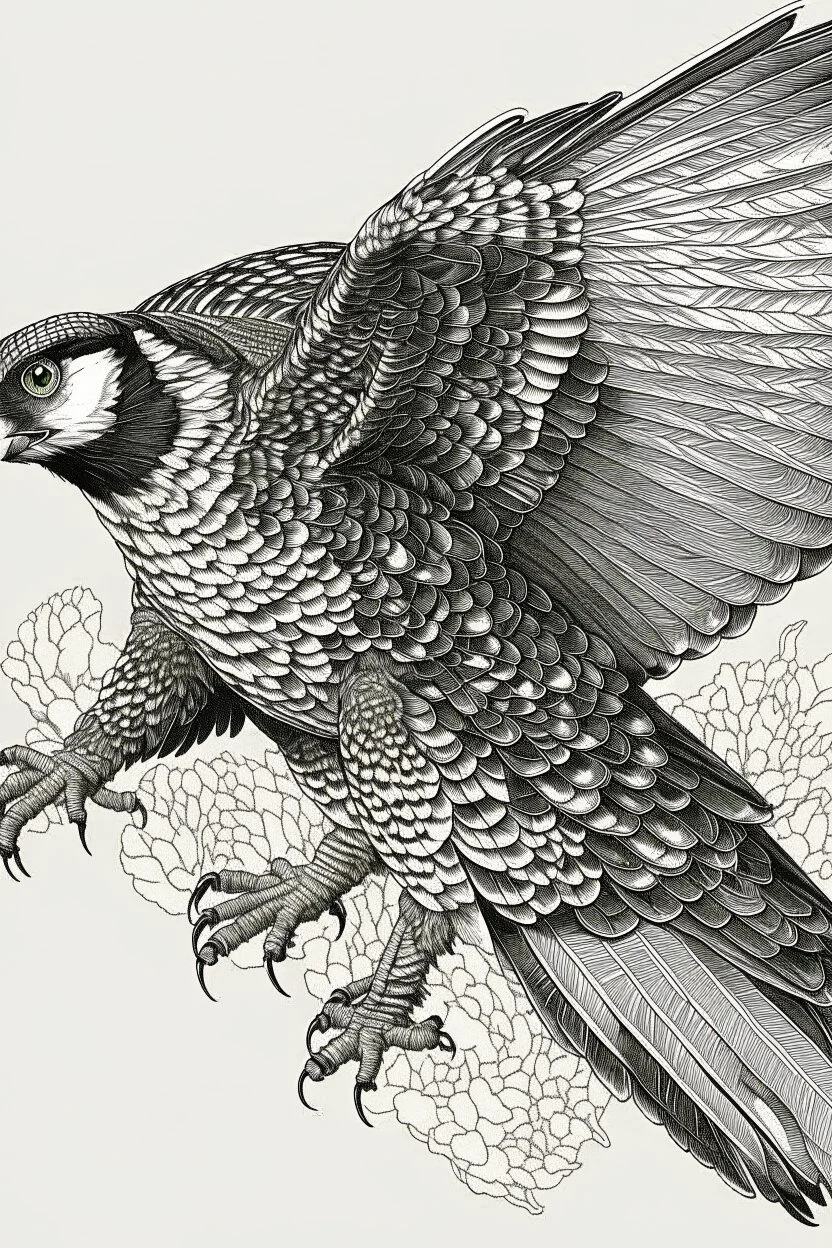 "Create an AI line art piece featuring the Peregrine Falcon, one of nature's fastest and most agile predators. Capture the bird in flight, showcasing its incredible speed and grace. Highlight the intricate details of its feathers and the intensity in its eyes, embodying the essence of this magnificent raptor."