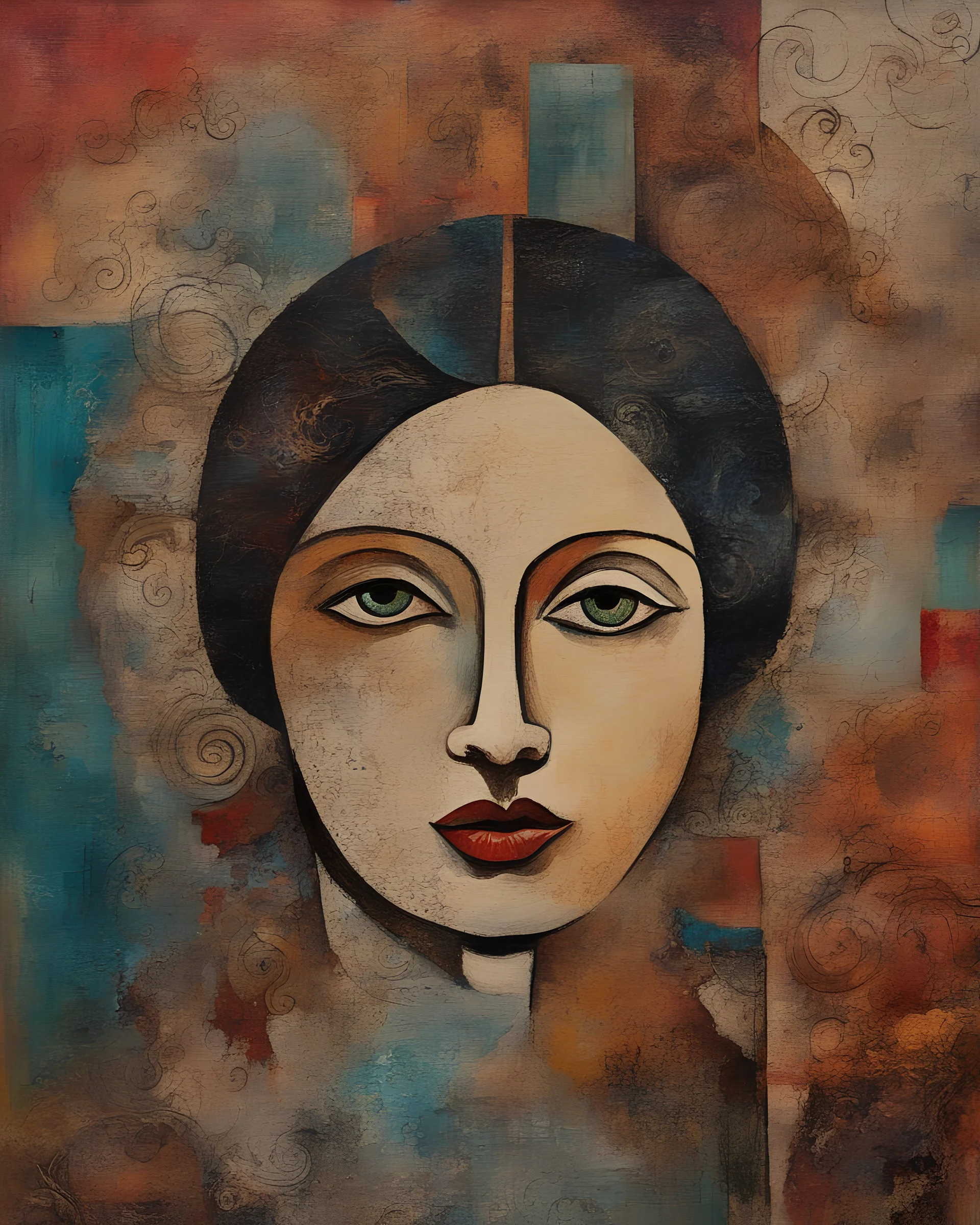 greek Oracle, whimsical collage, acrylic on canvas, doodles, mythic portrait, beautiful deep colors, abstract background