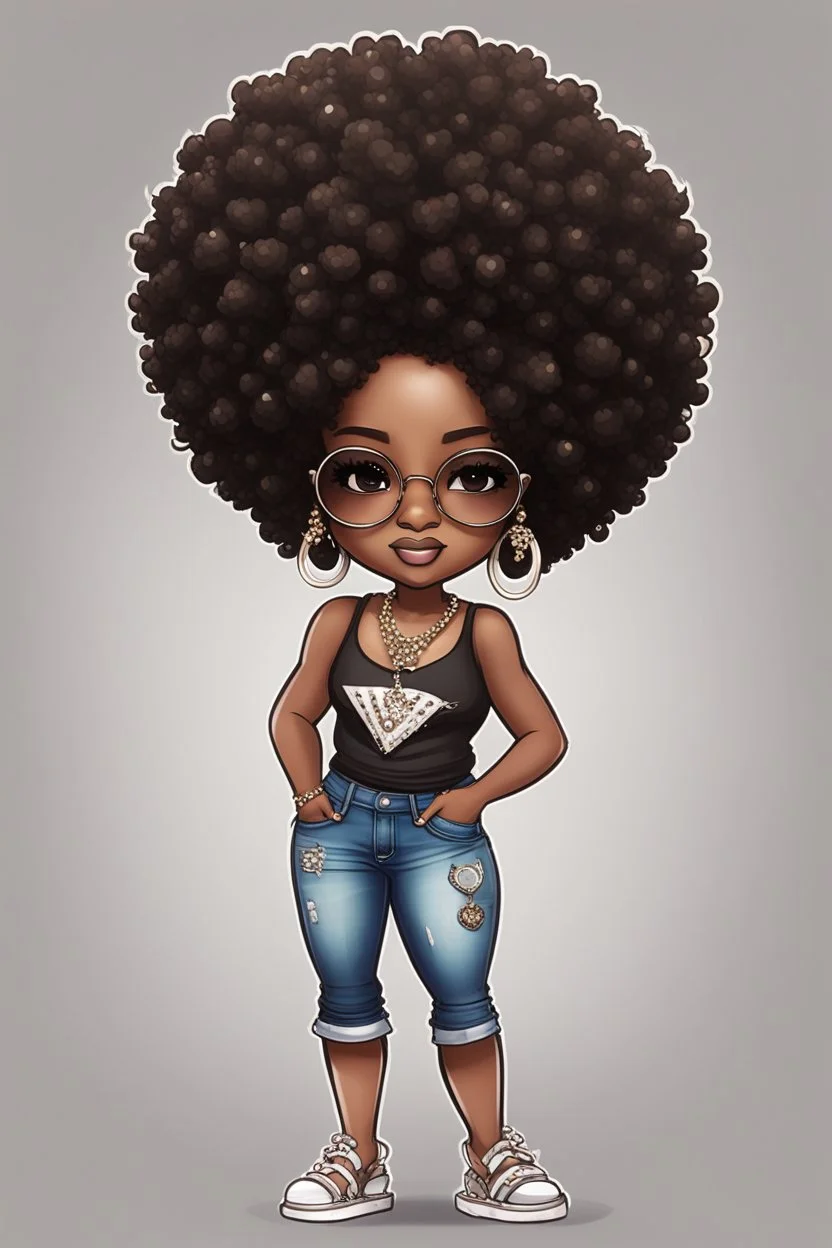 Create a whimsical chibi image of a black female with shoulder length tightly curl afro, black silky and brown eyes. Long eye lashes wearing a torn jeans and tank top with diamond studded "pretty" on the front, sandals , plus size body style. Diamond studded glasses and hoop earrings forward facing, 2k, white background