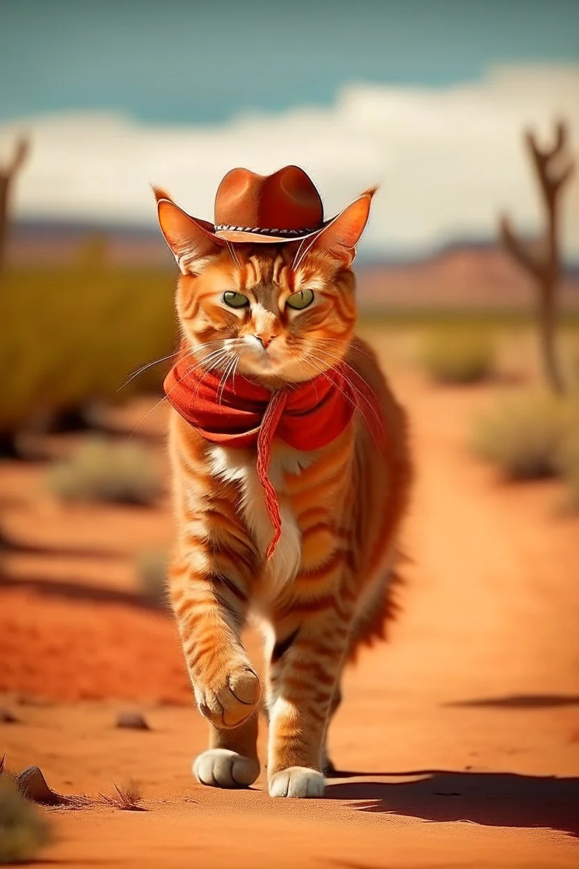 gato de colorado, caminando, vestido de cowboy, dentro de el lejano oeste. estilo caricatura, con un arma de fuego