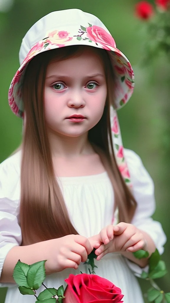 A little girl from Russia at the age of 7 years holds a lot of roses and puts them on her face, and she wears a white Bucket Hat, she puts the roses in front of her face, so her face does not appear, so her face does not appear,(Many Flowers: 1.2), Soft Light, Golden Hour, Upper Body, HDR, 8k, Natural Skin Texture, AO, Intricate, Highly Detailed, Sharp Focus, Crazy Detail, Intricate Detail, Highly Detailed ,The girl looked down