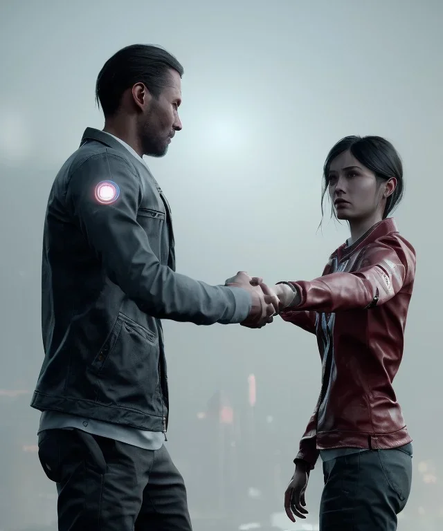 detroit become human, two people looking at each other, real Handshake 10 fingers , sci-fi fantasy style, volumetric lighting, particales,highly detailed,cinamatic, deep colours,8k.