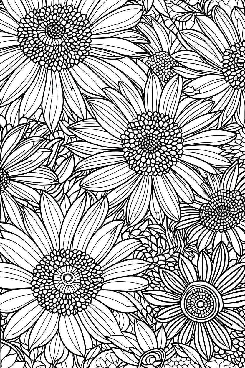 Outline art for coloring page, DAISIES WITH A GROOVY BACKGROUND, coloring page, white background, Sketch style, only use outline, clean line art, white background, no shadows, no shading, no color, clear