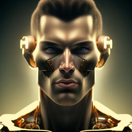 A beautiful portrait of a muscular cyborg man with golden eyes, high key lighting, volumetric light high details psychedelic background