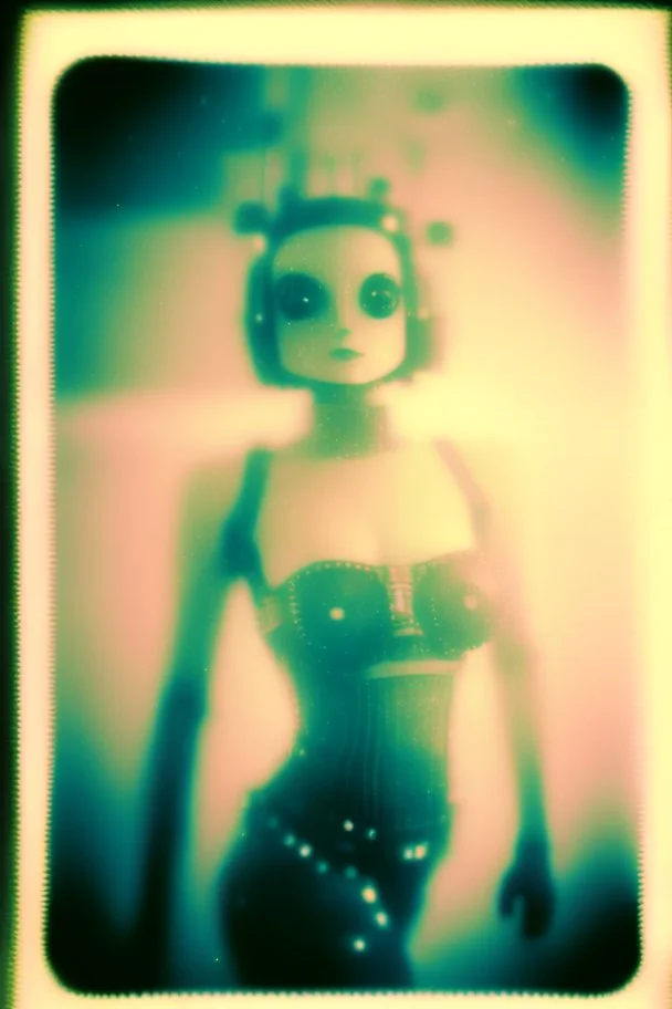 steampunk, vintage analog polaroid of a woman robot, female body, fog, lomography, heavy film grain, night, color bleed, depth of field, bokeh, retro