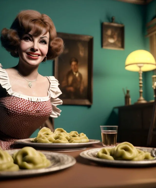 Ultra realistic photographic portrait, happy young Gina Lollobrigida woman sitting with arms resting on Italian kitchen table, pretty tortellini dish, retro dress by 1960, dress without neckline, classic style decoration, cold, soft color, highly detailed, unreal engine 5, ray tracing, RTX, lumen lighting, ultra detail, volumetric lighting, high definition.