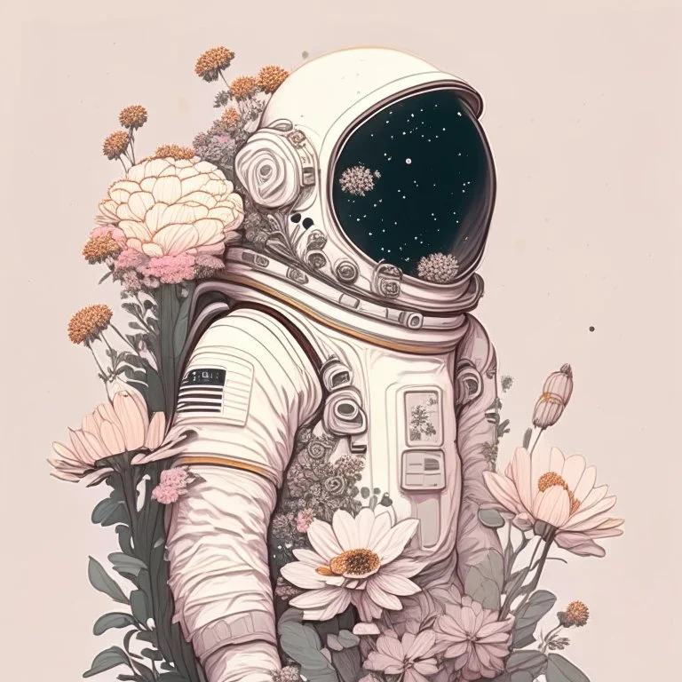 "floral astronaut" hand-drawn digital art, muted tones, flowers everywhere, REALISTIC, anime, 4k